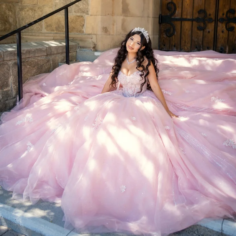 Pink Quinceanera Dress Glitter Crystal 3D Flower Decal Layering Long tail off-shoulder Vestidos De 15 Quinceanera ﻿Customize