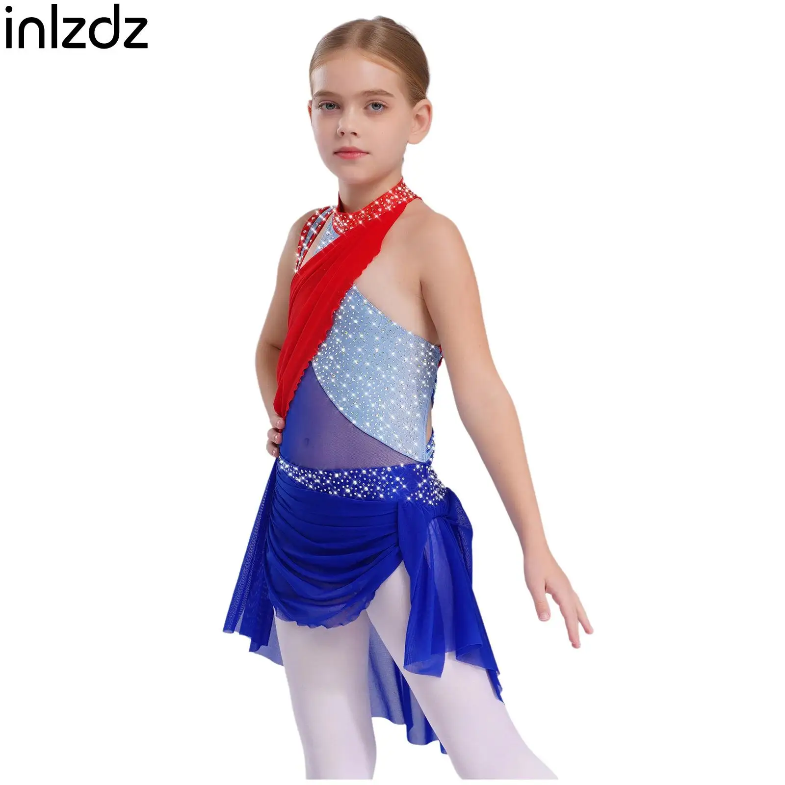 

Girls Glittery Rhinestones Ballet Lyrical Modern Dance Dress Sleeveless Crisscross Strappy Back Leotards Figure Skating Costumes