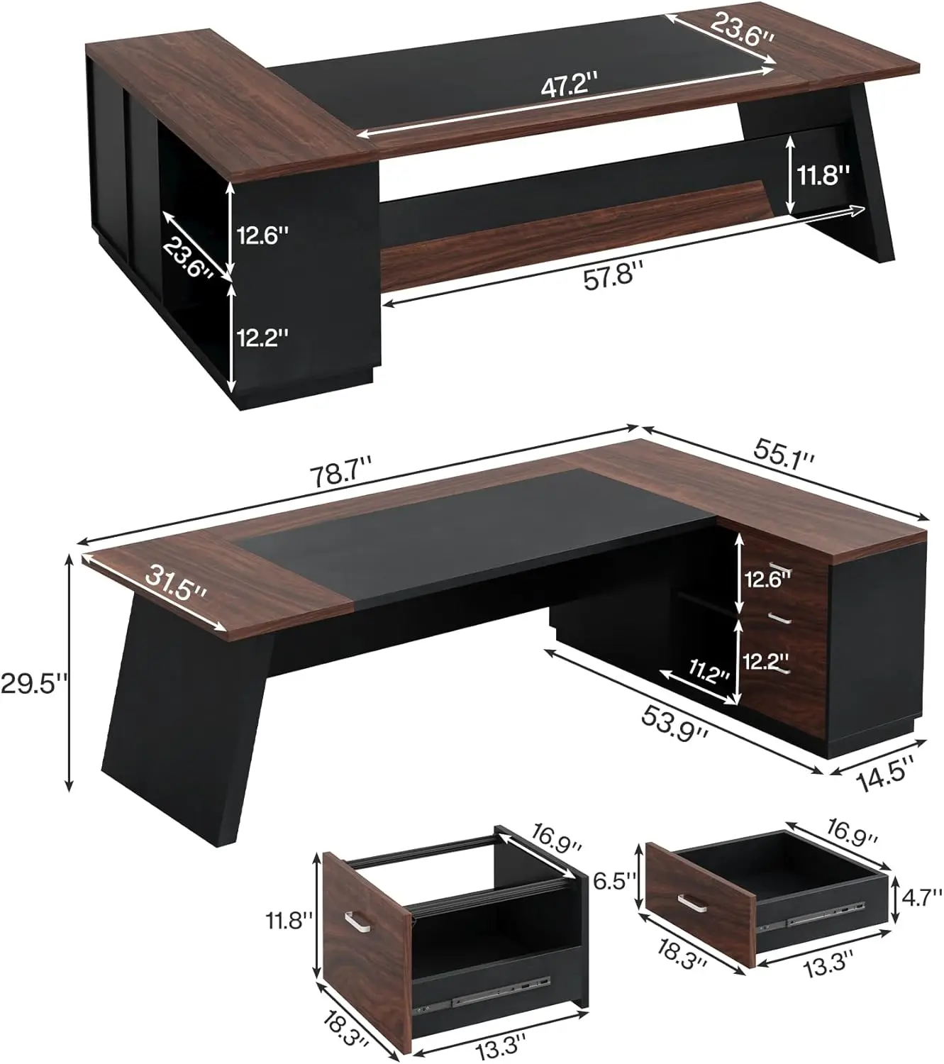 Shaped Executive Desk, Large Office Desk with Drawers and Lateral File Cabinet, Business Furniture with Storage Shelves