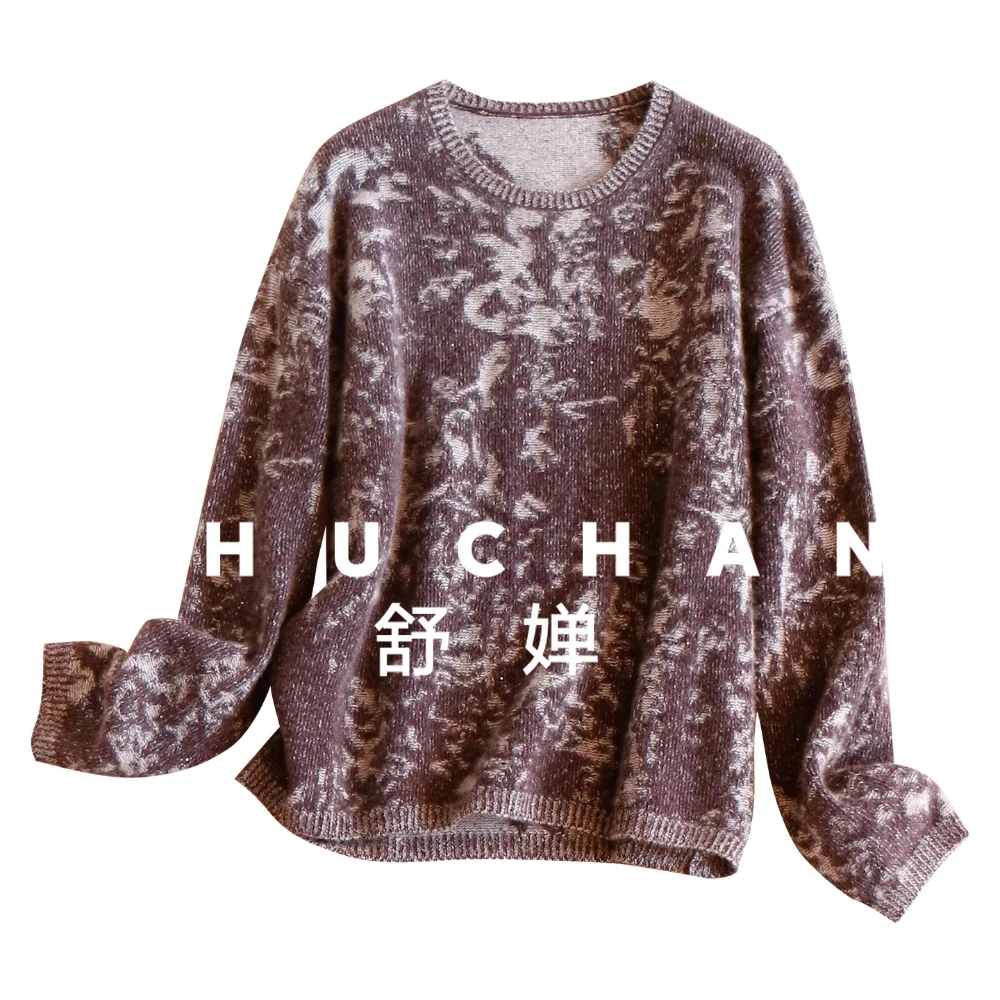 

Lazy High-level Jacquard 100 Cashmere Crew Neck Sweater Women's 54F7 Winter Clothes Women Long Sleeve Top
