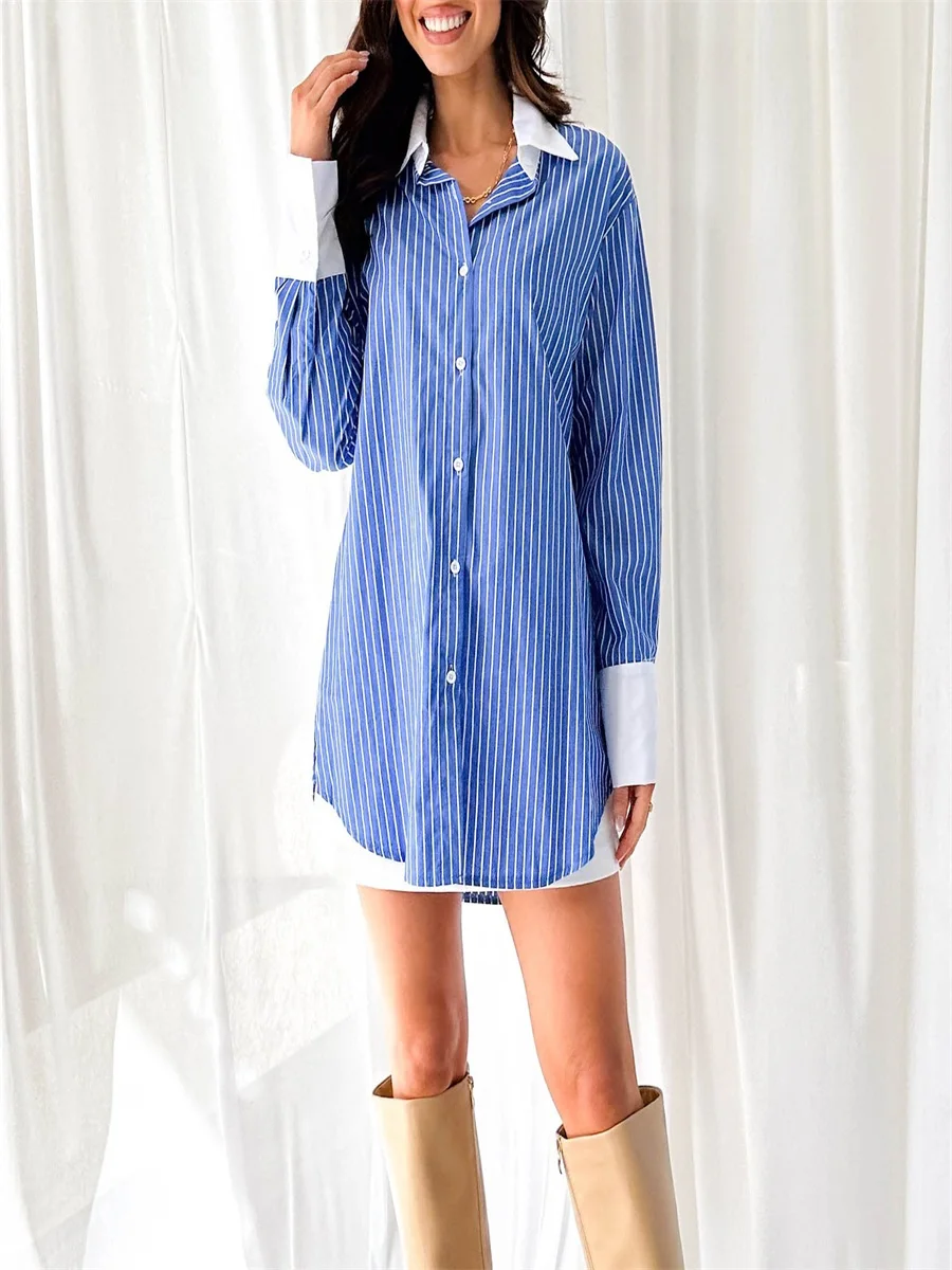 Women'S Striped Color Blocked Long Style Beautiful Generous Button Up Shirt Street Striped Printed Loose Long Sleeved Shirt Top