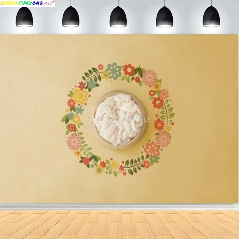 Neugeborenen-Hintergrund für Fotografie, Holzkorb mit Füllung, Blumenkranz-Hintergrund, Hundert-Tage-Baby-Fotostudio-Requisite YM-04