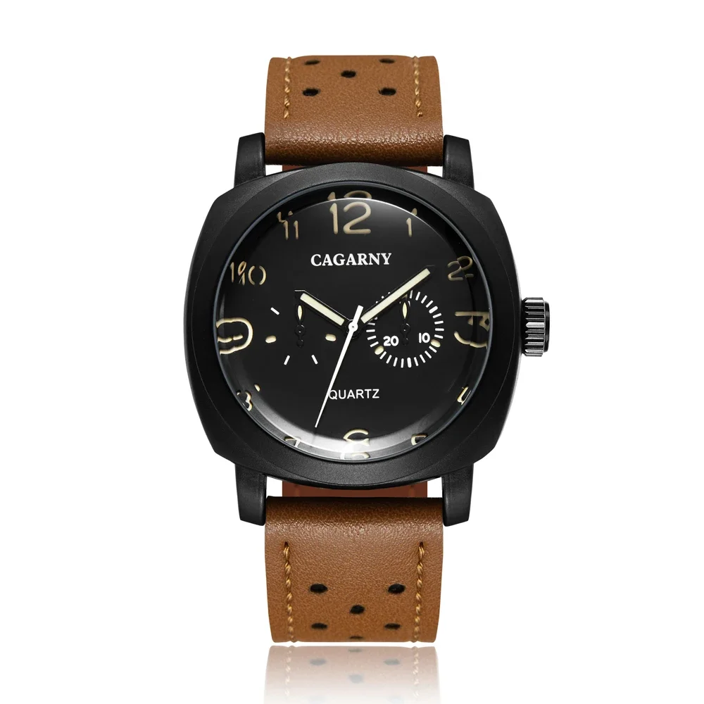 Cagarny Sports Luxury Clock Hour Quartz Watch Black Dial Men's Brown Leather Wristwatch Military Relogio Masculino Orologi Uomo