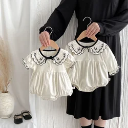 0-2 Y Baby Girls Summer Clothes Embroidered Turn Down Collar Short Sleeve Infant Bodysuit &One Piece Toddler Birthday Wear