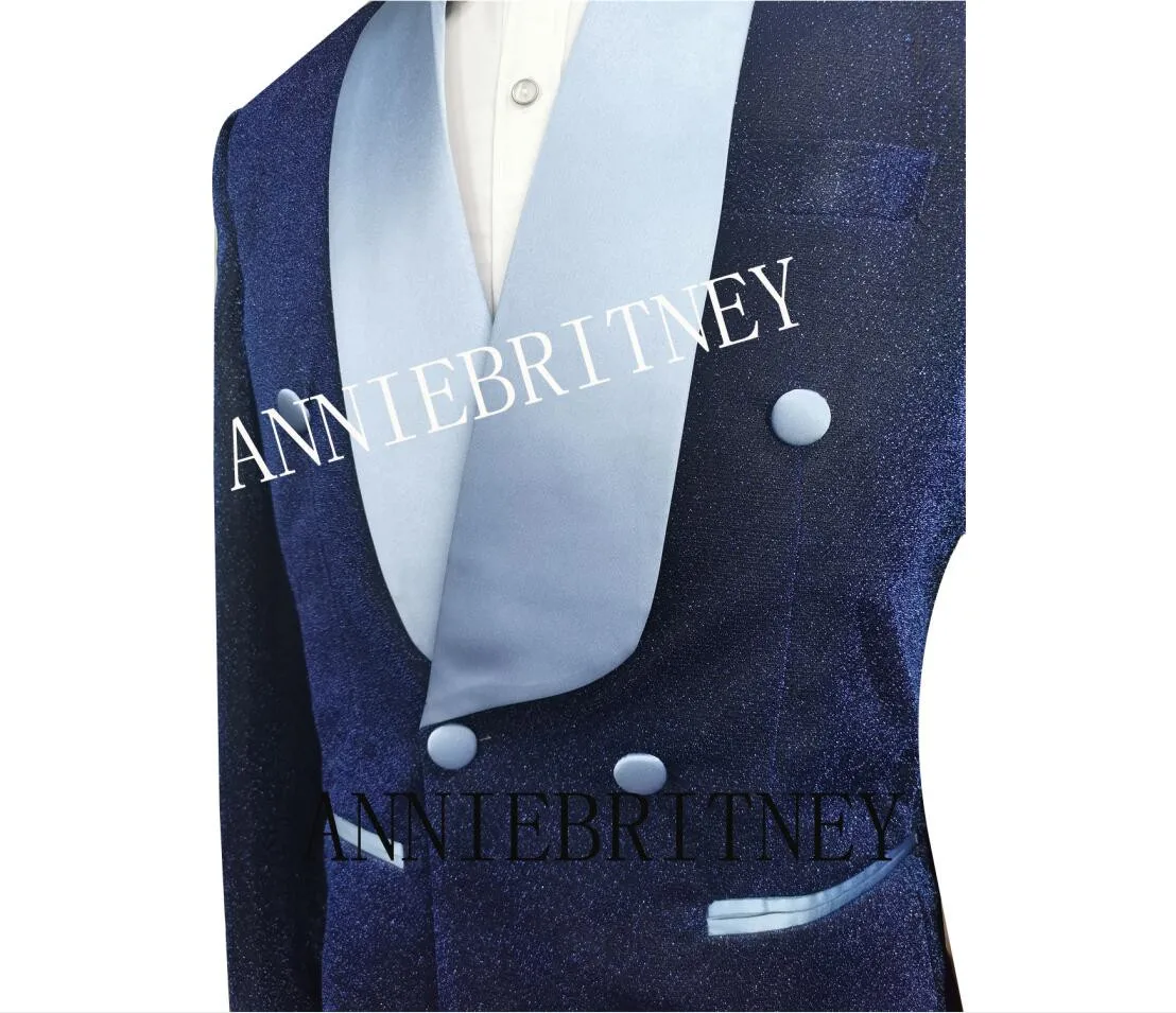 Custom Shiny Navy Blue Wedding Suits for Mens Prom Double Breasted 2 Piece Slim Fit Groom Tuxedos Formal Business Jackets pants