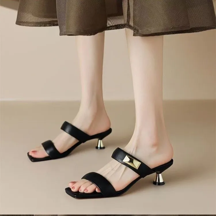 

Women's One-Strap Sandals French Vintage High-Heel Sandals for Outdoor Wear, Soft Leather Slim Heel Slide Sandals withSquare Toe