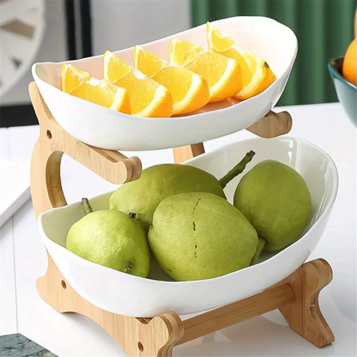 Plato de frutas para sala de estar, plato de aperitivos de cocina, soporte de pastel de plato de frutas secas moderno, cesta de frutas verde de doble capa