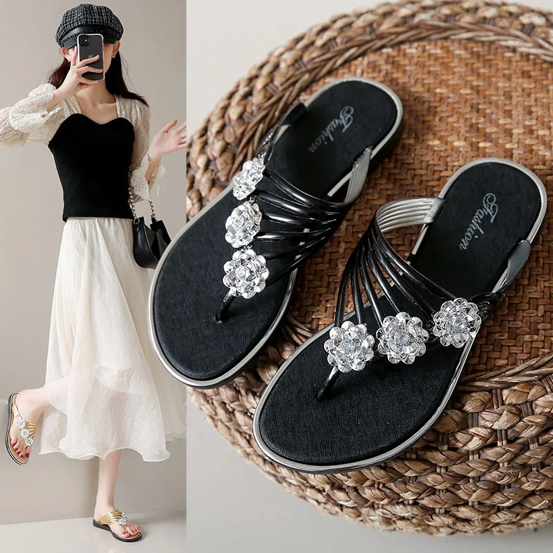 

New Summer Slippers Outdoor Beach Flip-flops Cute Flower Bow Decoration Casual Flat Slippers Shoes for Women Slides