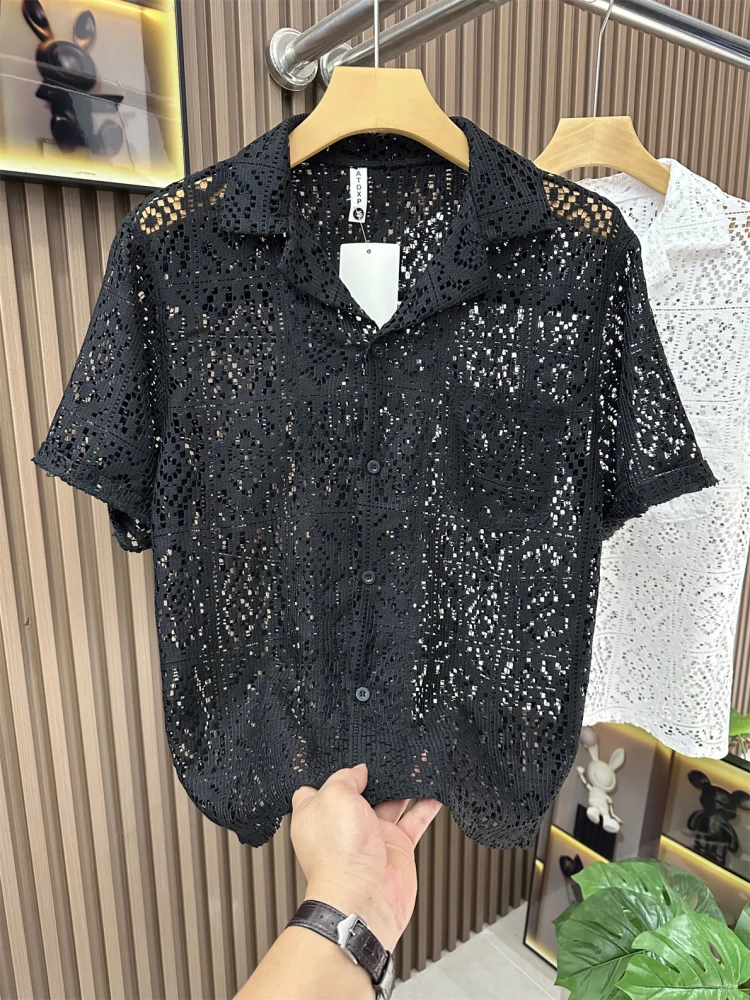 

Elegant Hollow out Cuban Collar Men's Shirt Lightweight Breathable Short Sleeve Summer Fashion Casual Loose Fit White Shirt