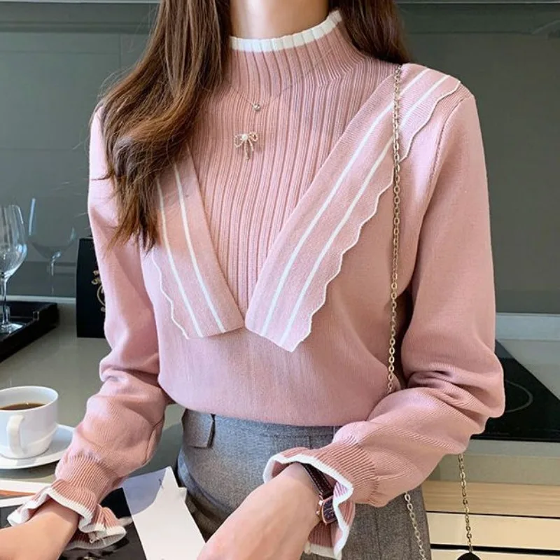 Women Autumn Winter Korean Fashion Loose Ruffles Mock Neck Long Sleeve Knitwear Women Clothes Casual All-match Bottoming Shirt