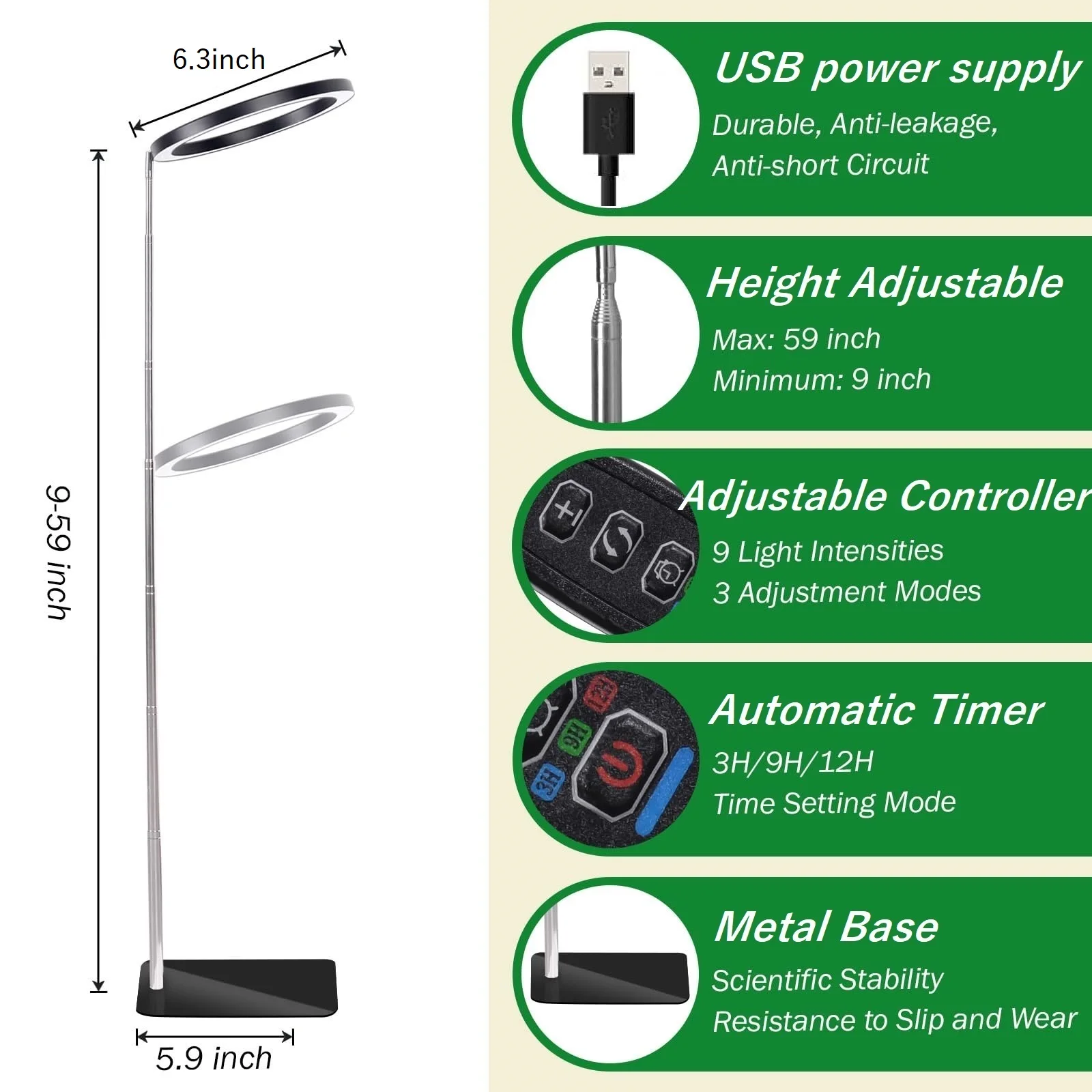 Grow Lights stehen für Zimmer pflanzen, 72leds 6000k Voll spektrum Höhe max 160cm einstellbar mit Auto-Ein/Aus-Timer 3/9/12h