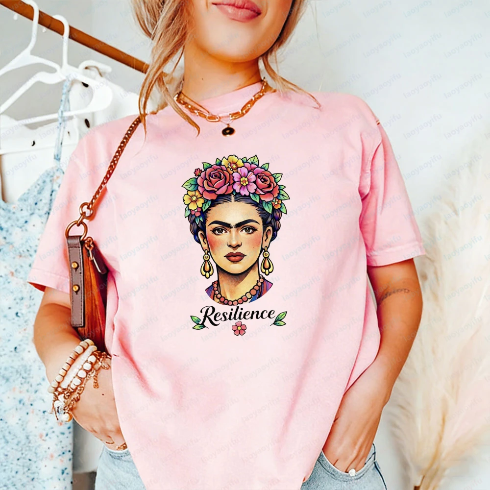 

Vintage Frida Kahlo Floral Headpiece Graphic Tee “Resilience” Print T-Shirt Retro Casual Short Sleeve Fashion Cotton Women's Top