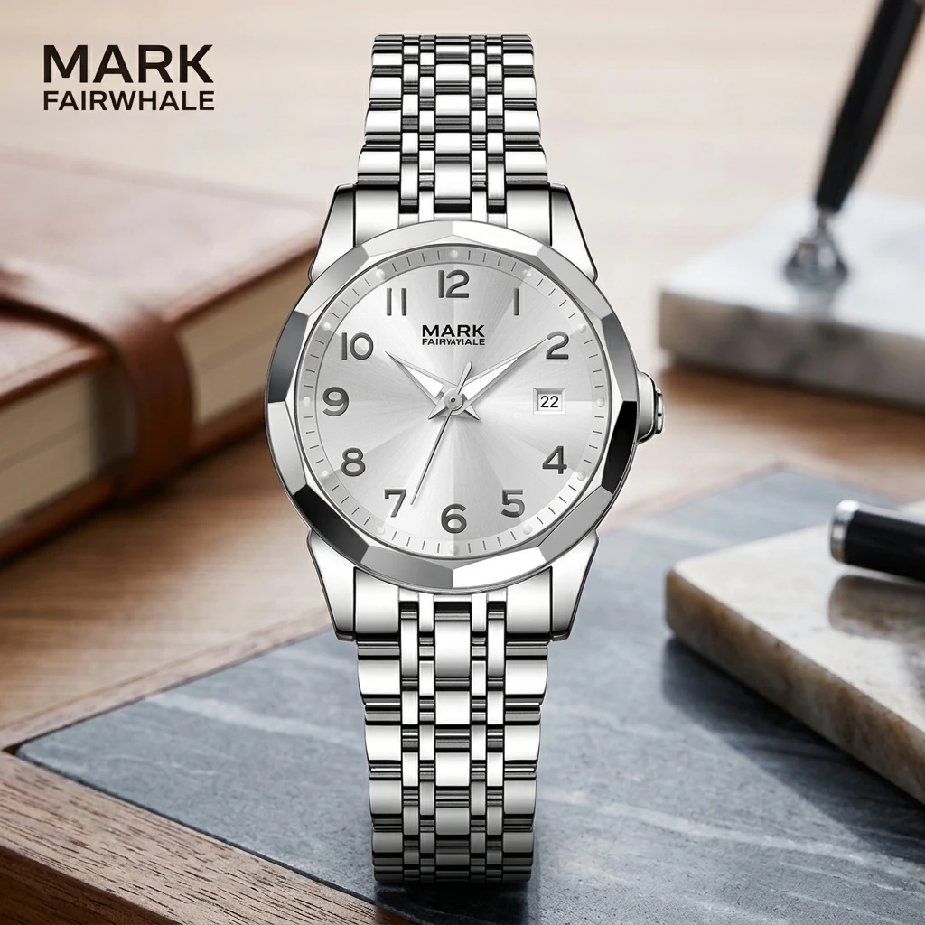 Mark Fairwhale Ladies Wrist Watch Quartz Movement Round Sunburst Dial Date Function Multi-row Metal Link Band for Women