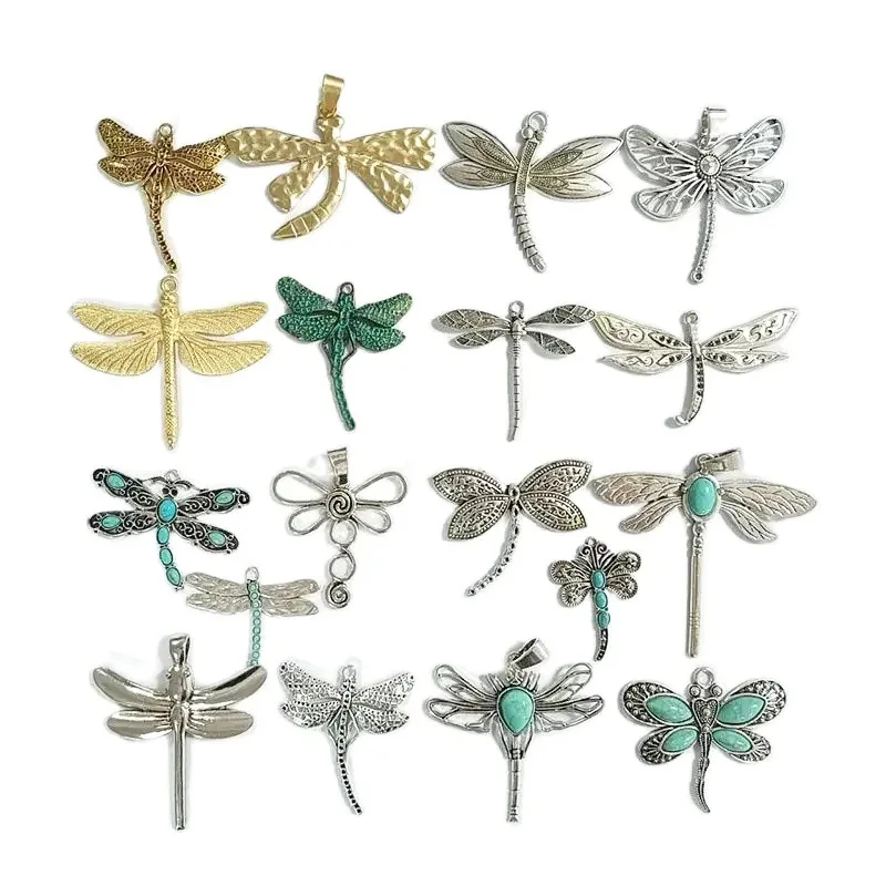 2pcs Large Green/Gold Color Dragonfly Charms Carved Insect Charms Pendants for Necklace Bracelet Jewelry Making Accessories