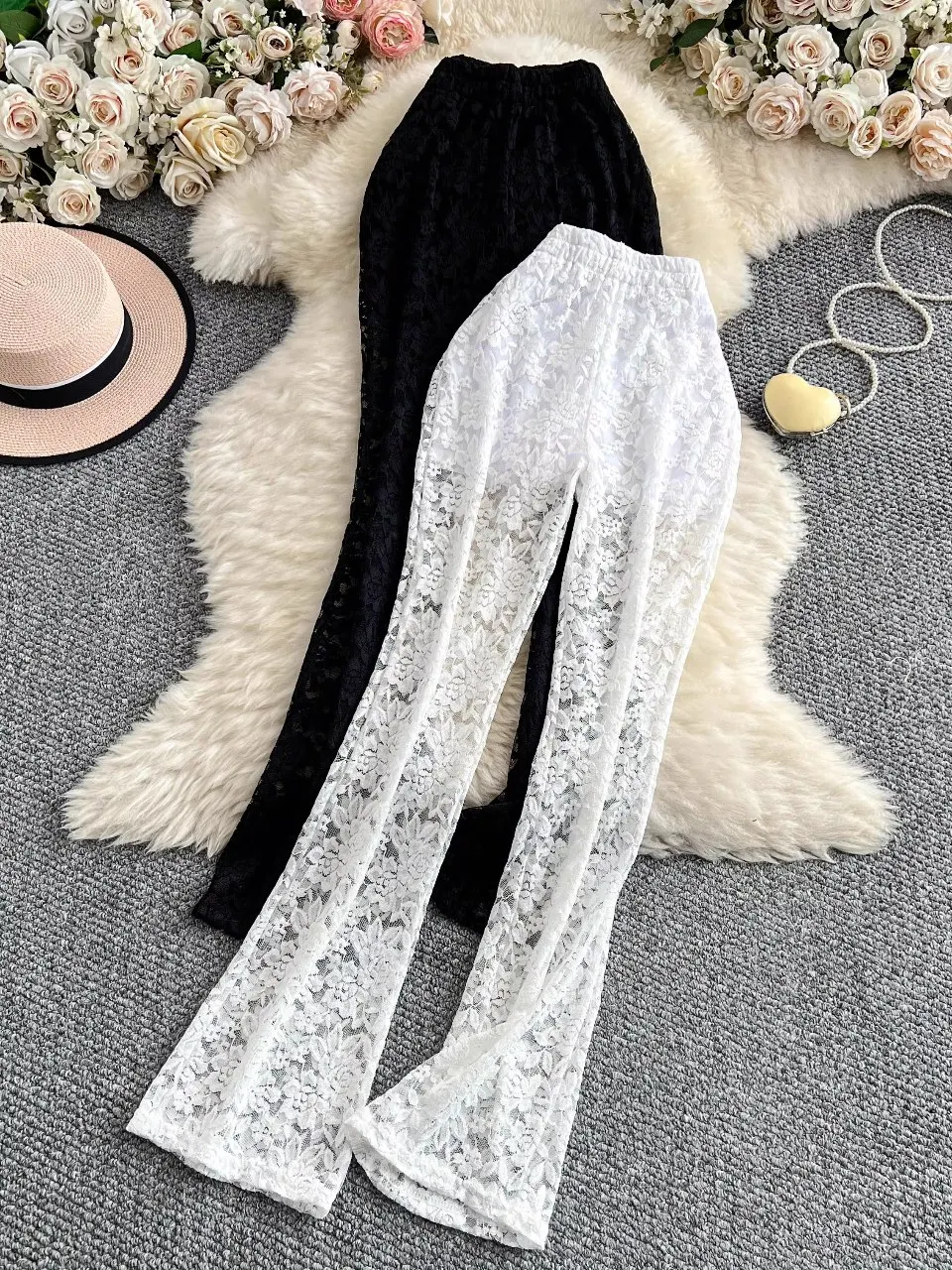 

Foamlina Sexy Hollowed Out Lace Pants Slacks Women's High Waist Skinny Drape Straight White Micro-horn Wide-leg Trousers Summer