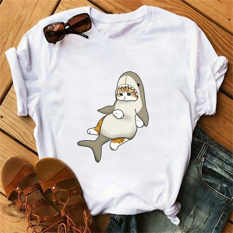 Fashion funny pop kawaii cat shark girl girlfriend casual print graphic summer t-shirt animal Y2K fashion print top womenswear