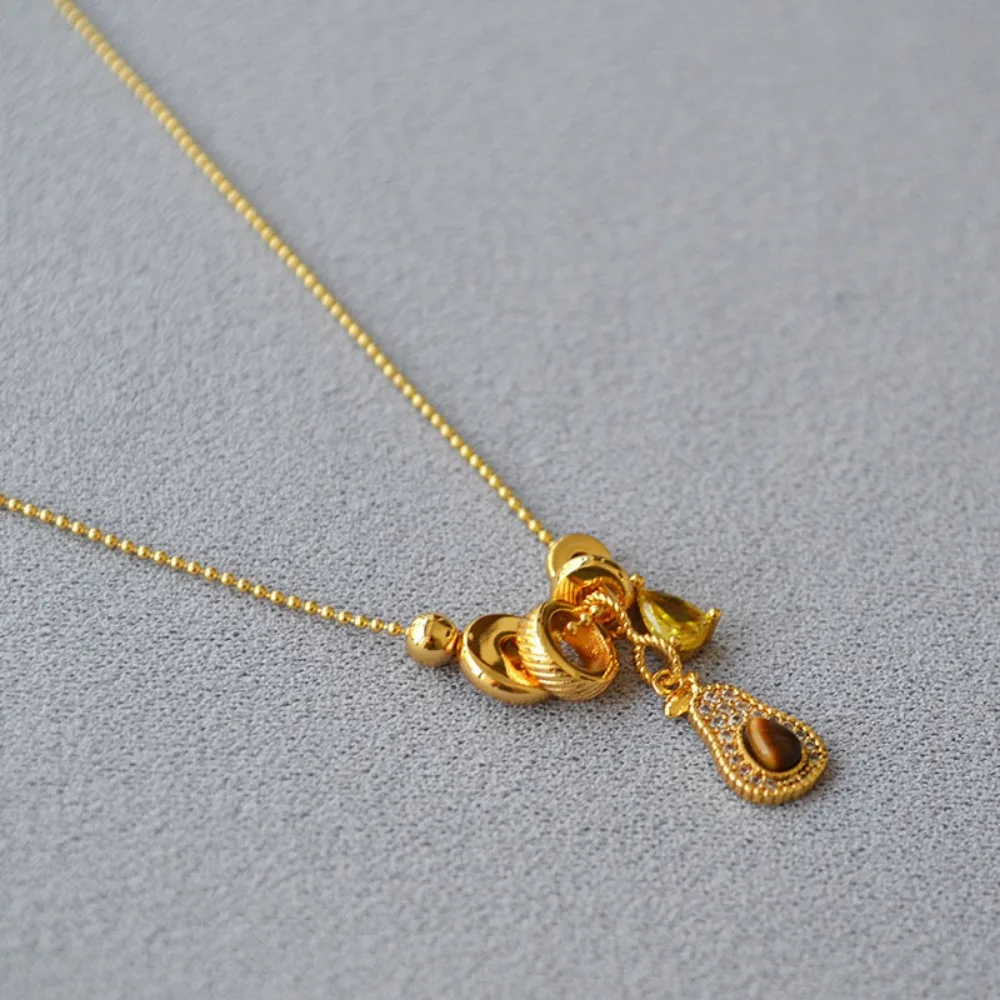 French Niche Avocado Charm Tiger Eye Stone Multi Ring Pendant Daily Temperament Light Luxury Stress-free Necklace Clavicle Chain