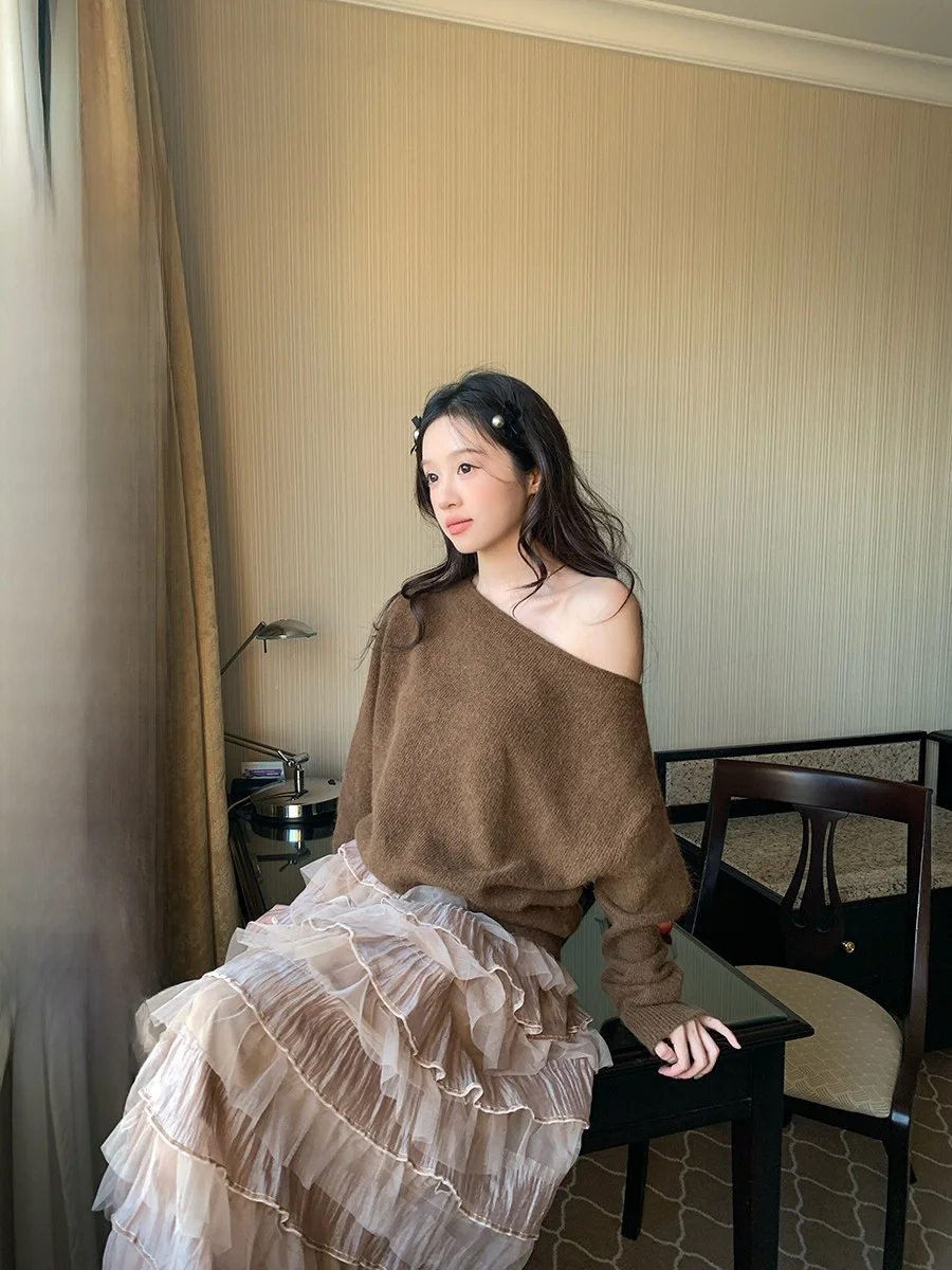 

Свитер Sinbounboun Lazy Sle, вязаный, с открытыми плечами, легкий, в стиле Maturi Pure Desire, маленький размер, вязаный топ с открытыми плечами