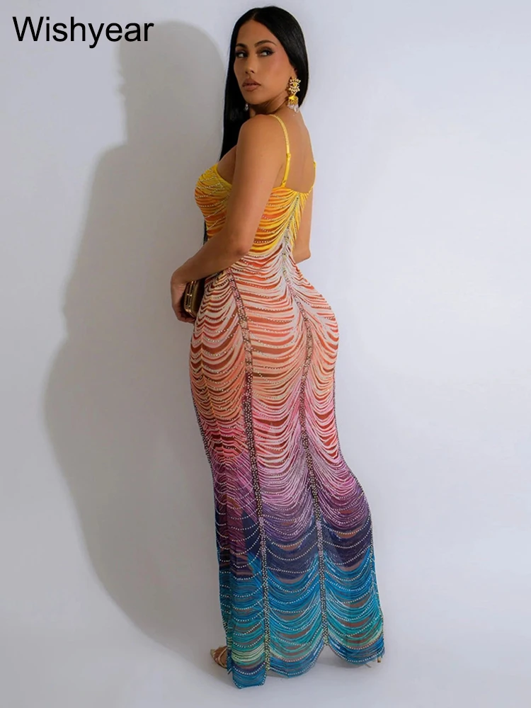 New Gradient strass Tie Dye Print Halter Mermaid abiti lunghi donna Backless senza maniche Slim Birthday Party Prom Vestidos