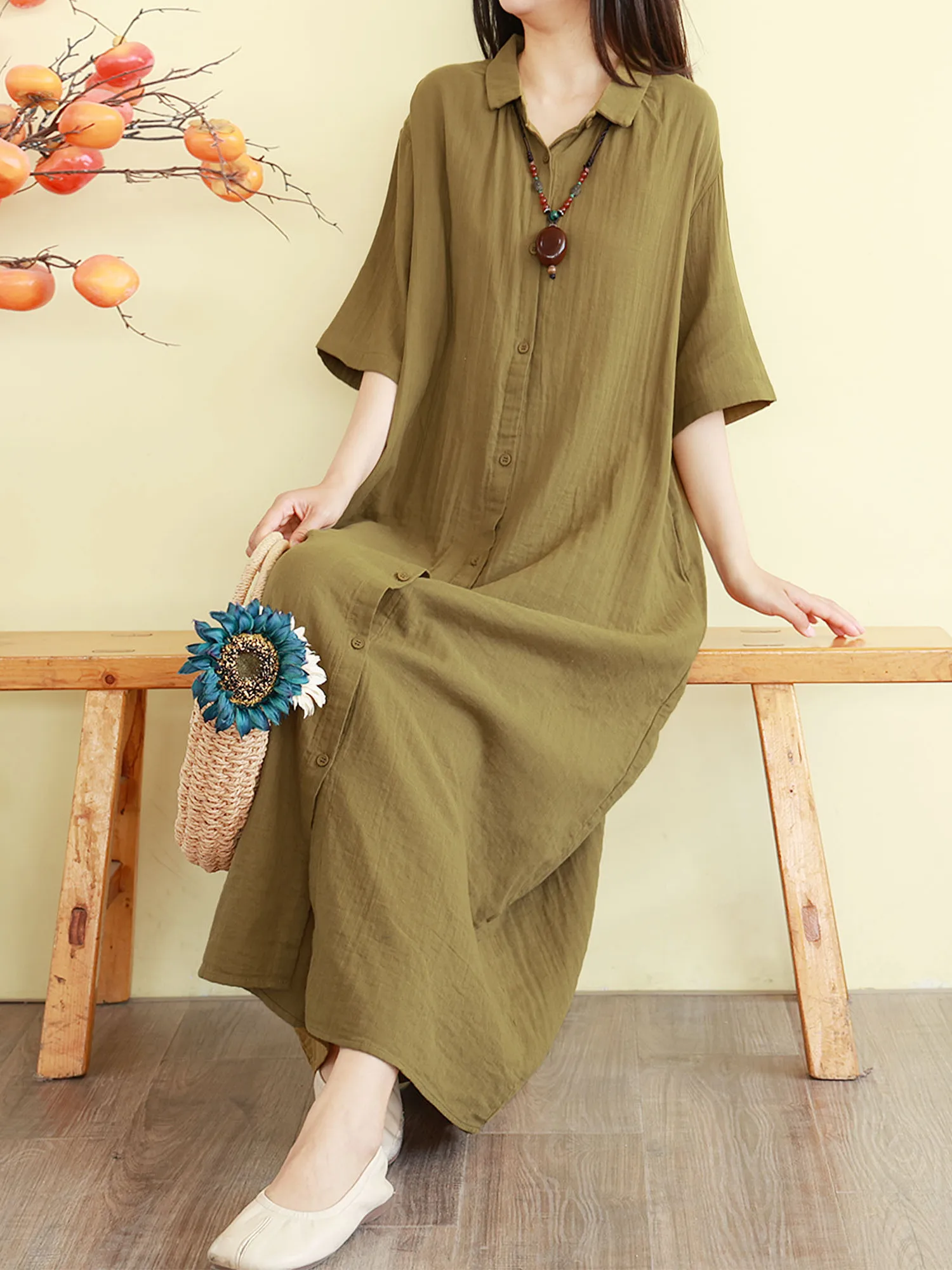 Retro Artistic Style Cotton Shirt Collar Dress Women Summer Short Sleeve Loose Long Dress Elegant Forest Girl Series