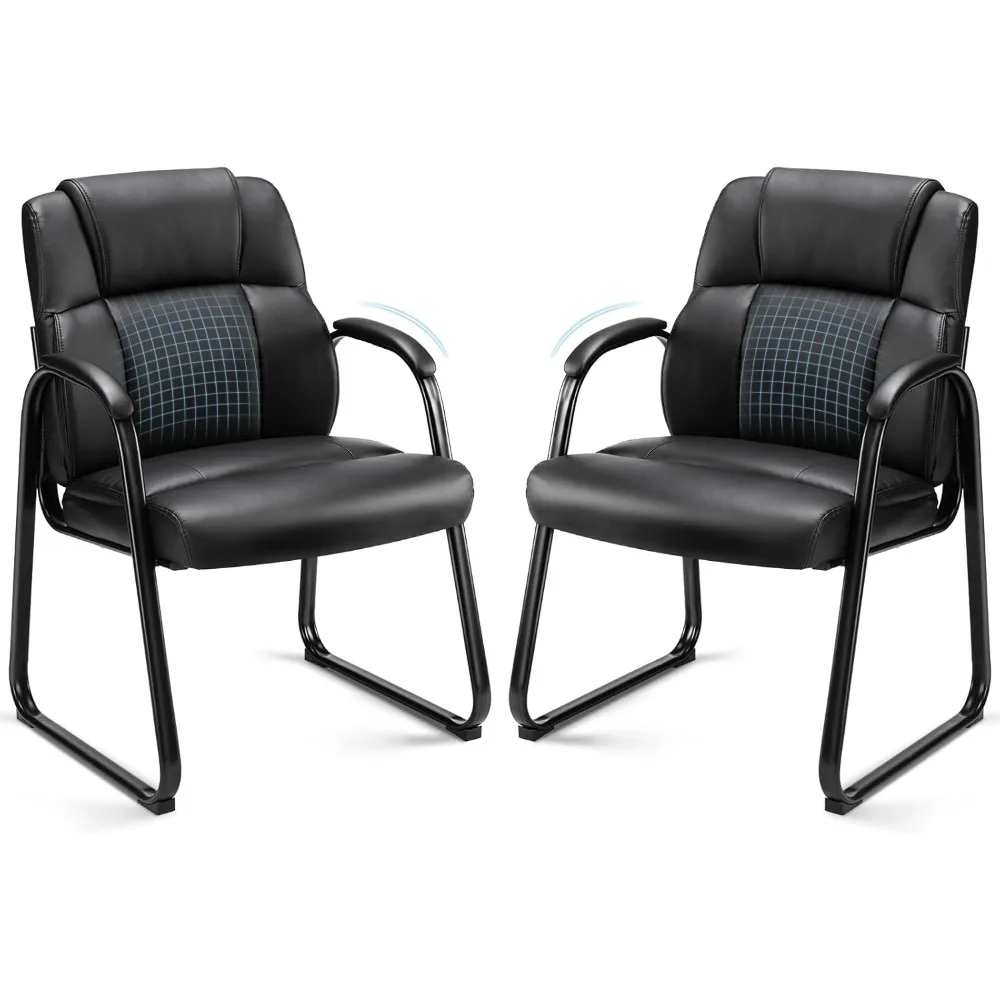 زوج من كراسي غرفة الانتظار الثابتة الجلدية المريحة، أذرع مبطنة، بدون عجلات
