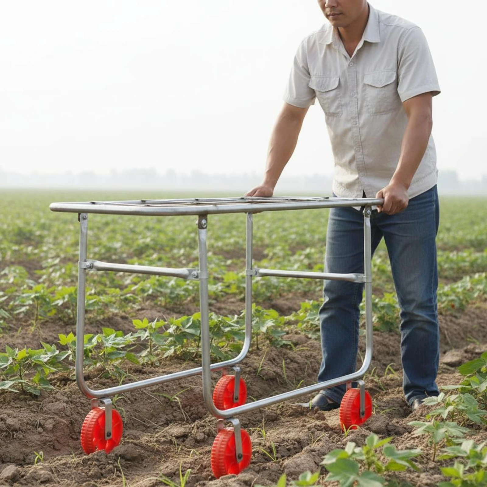 

Hand-Push Transport Hand-Push Transport Trolley Metal Cylindrical Frame Four-Wheel Hand-Push Transport Trolley Farm Equipment