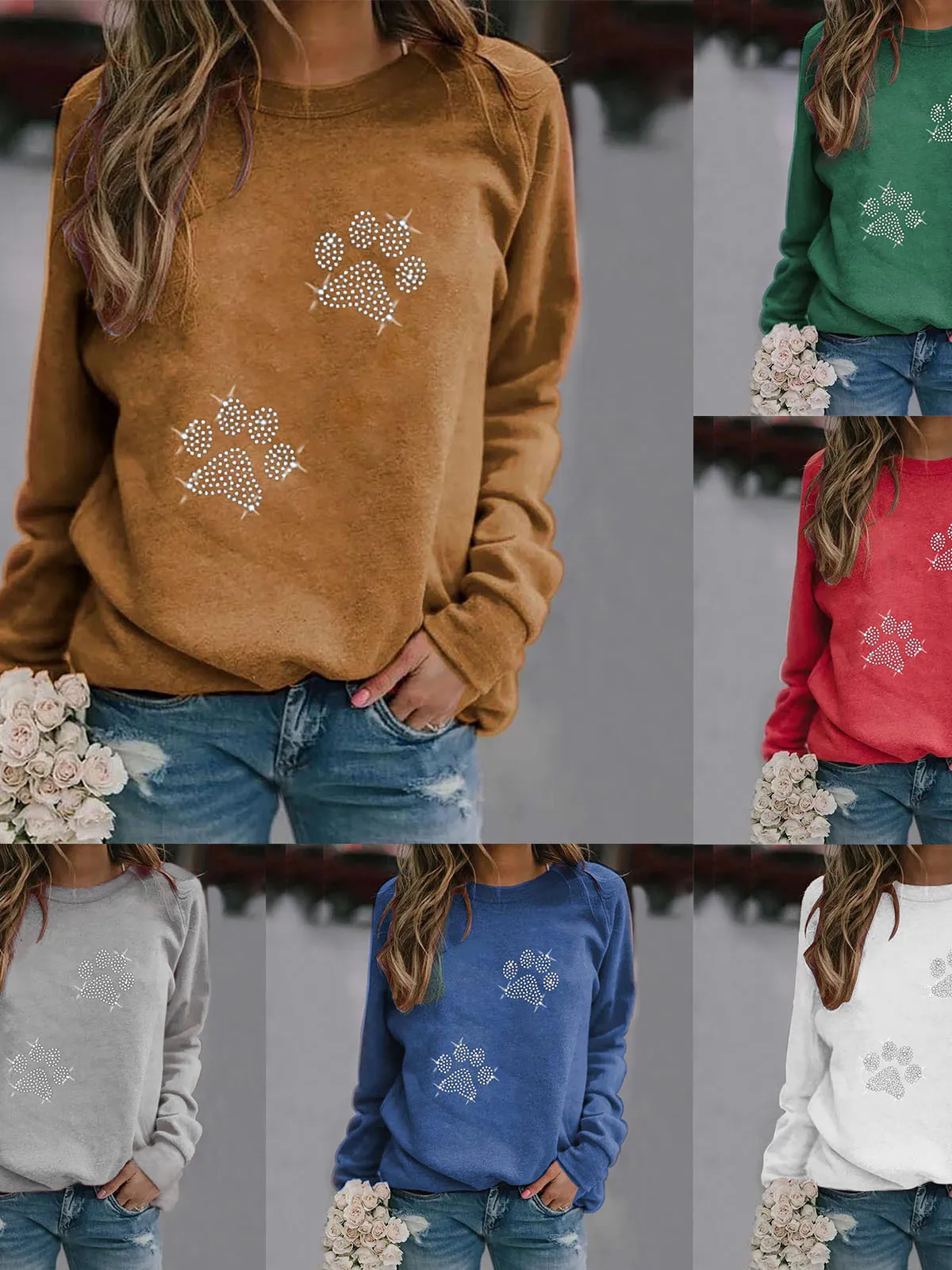 سويت شيرت نسائي غير رسمي مطبوع برقبة دائرية، تصميم شارع، أكمام طويلة، قصة فضفاضة، مزيج من الألياف، سمك متوسط، موضة الخريف