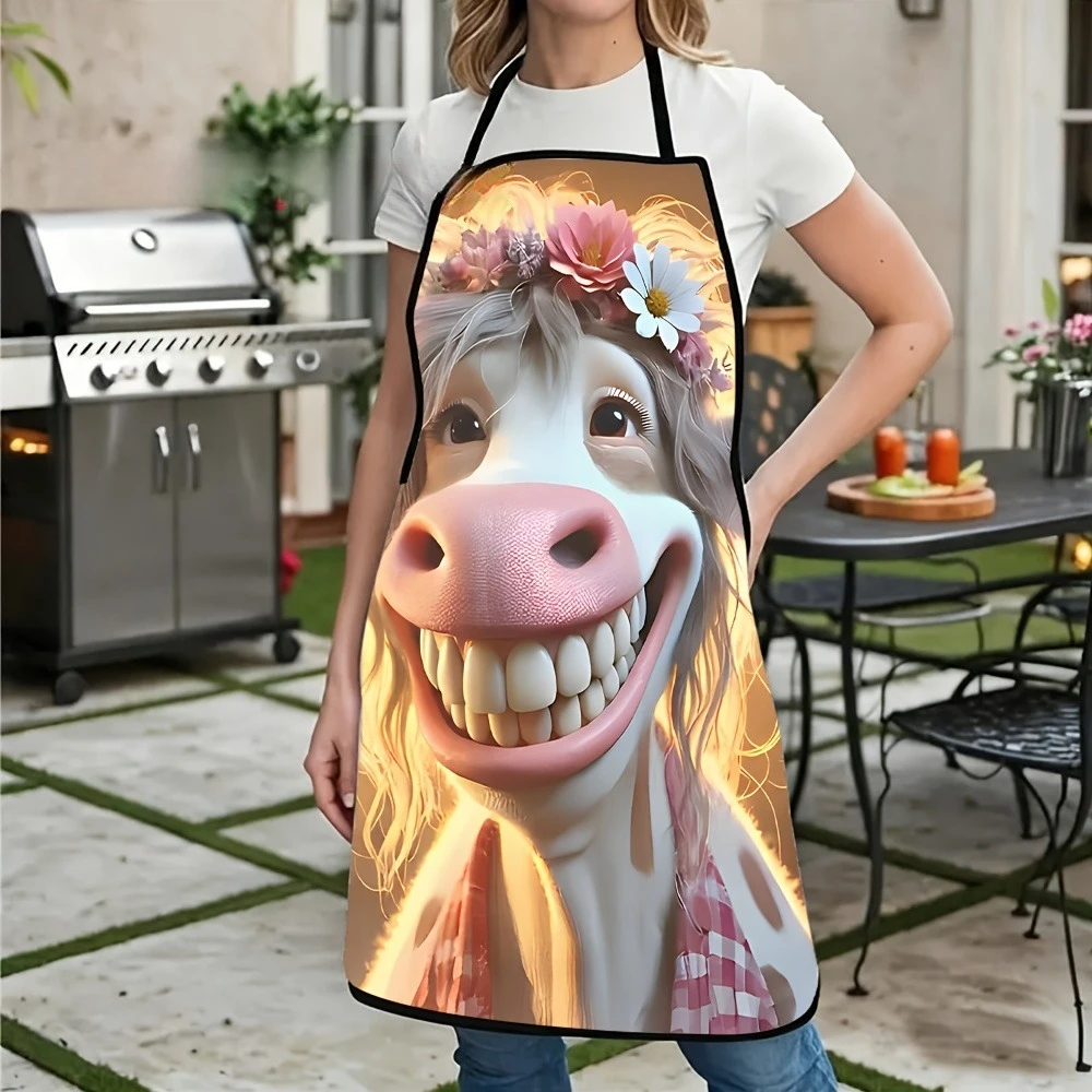 Cow Smile Funny Print Apron, Kitchen Baking Catering Service Apron, Washable & Easy To Clean