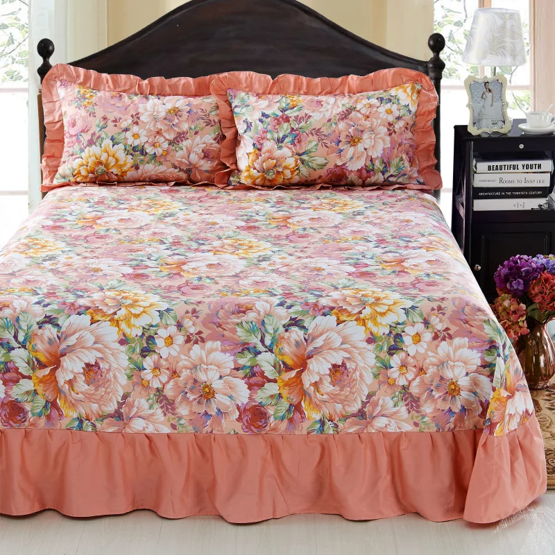 3Pcs Luxury Floral Style Bed Skirt Set Comfortable Skin-friendly Cotton Skirt Style Bed Sheet with Pillowcases Home Bedding Set