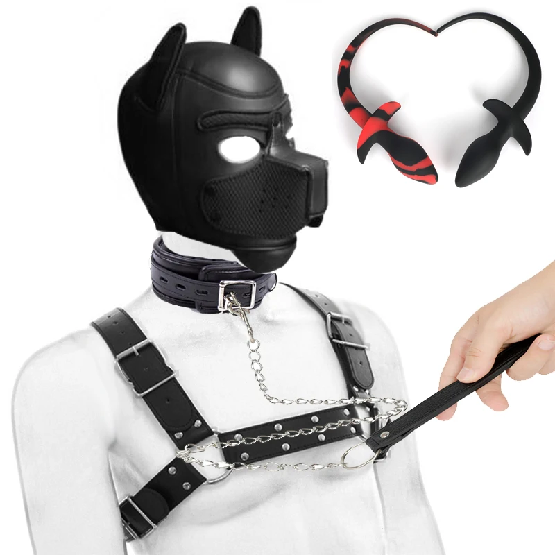 Strap Dog Tail Plug Bdsm Pet Roleplay Set Puppy Play Dog Hood Mask Party Mask Male Chest Harness Pup Neck Collar Sex Toys Kits