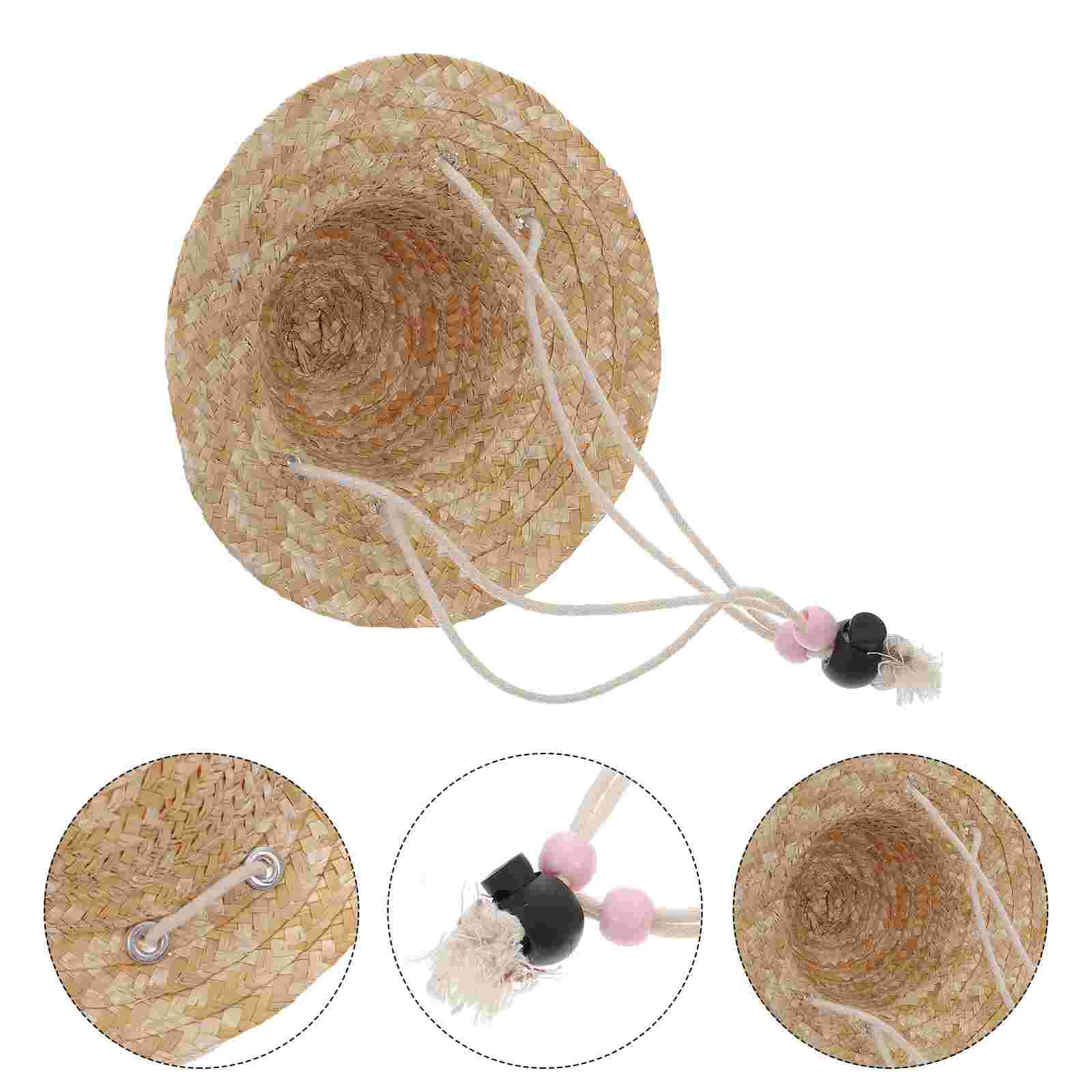 

Mini Straw Hat for Beach Dolls Pet Miniature Baby Dress-up Decor Summer Accessory