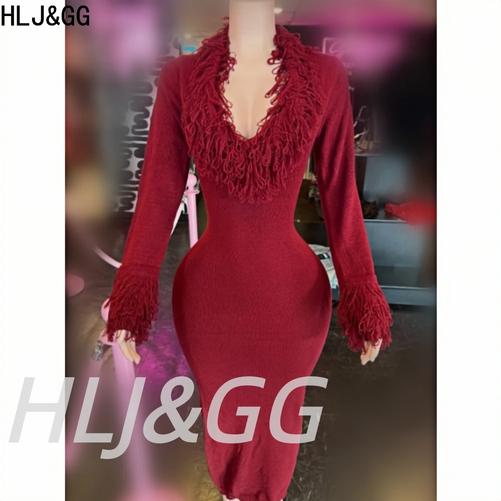 HLJ & GG النبيذ الأحمر مثير العميق الخامس محبوك شرابة Bodycon فستان طويل المرأة كم طويل سليم فيستدوس موضة فستان الصلبة الشارع الشهير