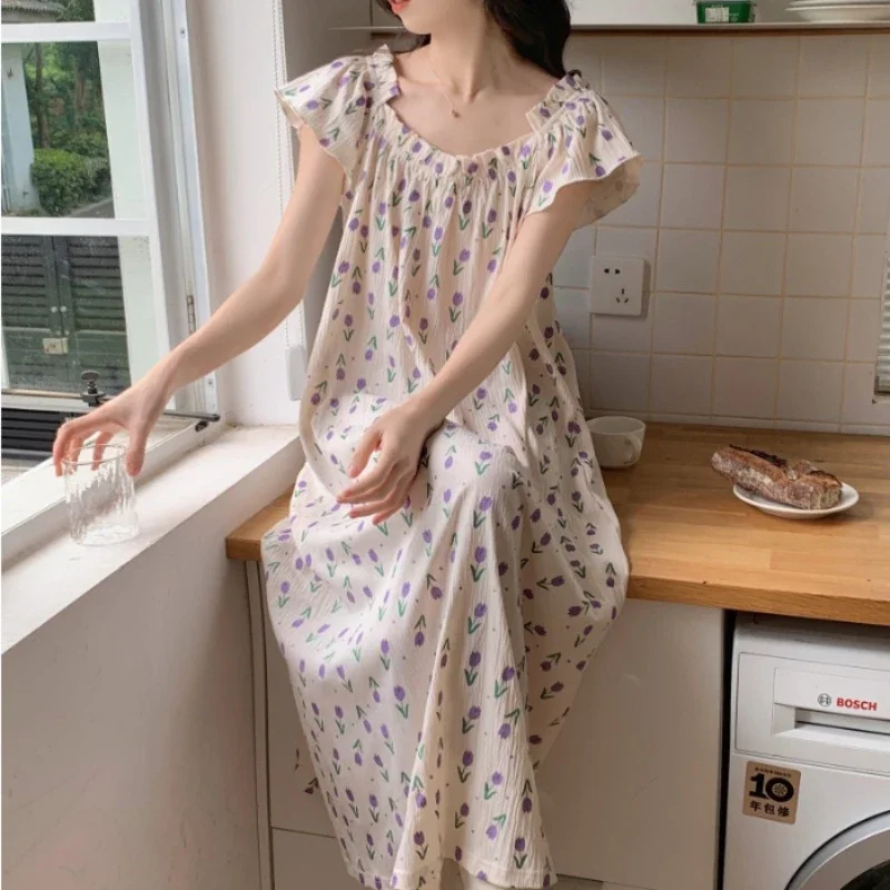 

Cute Long Nightdress Princess Sleepwear Nightwear Summer Fairy Loose Night Dress Women Sweet Round Neck Short Sleeve Nightgown