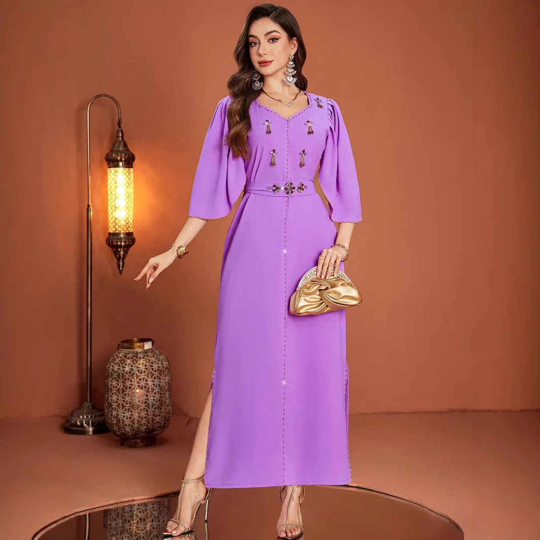 Lavender Purple Solid Color V-neck Embroidered Diamond Sparkly Elegant Daily Luxury Ceremonial Dresses for Women Muslim Loriya