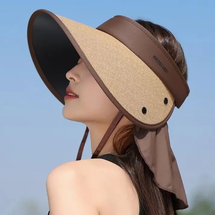 Upgraded Large Brim Hollow Top Straw Hat Female Summer Sun Shading Large Brim Hat Outdoor UV Tie Ponytail Sunscreen Hat