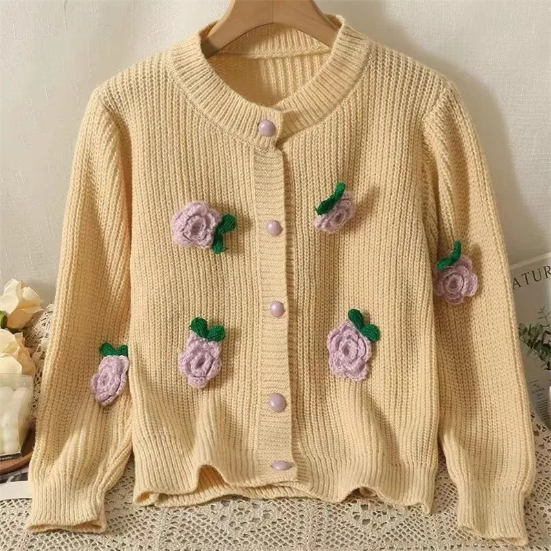 Spring Women's Knitted Cardigan Flower Sweater Girl's Top Coat Short Sweater Women Clothing Long Sleeve Top Oversized Sweate