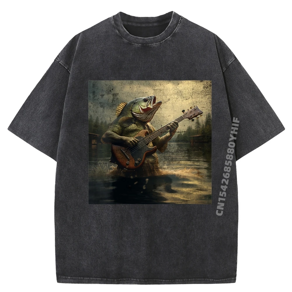 

Weird Bass Fish Playing Bass Tees Gift Idea Graphic Tshirts Mens Summer Comfortable Washed Shirt Vintage Style