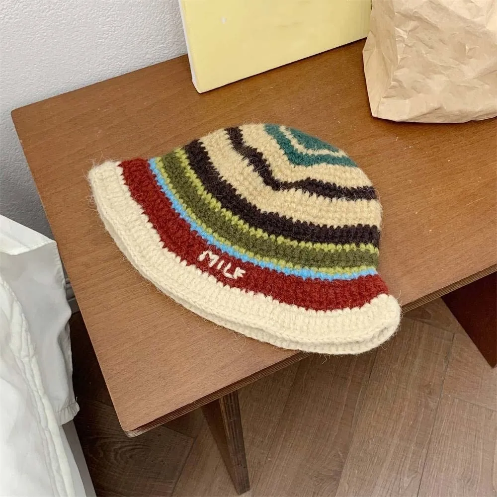 Topi Bucket Rajut Hangat Elegan, Topi Nelayan Bergaris Anti-dingin, Topi Kerja Warna Kontras Tahan Angin, Topi Tenun untuk Perjalanan