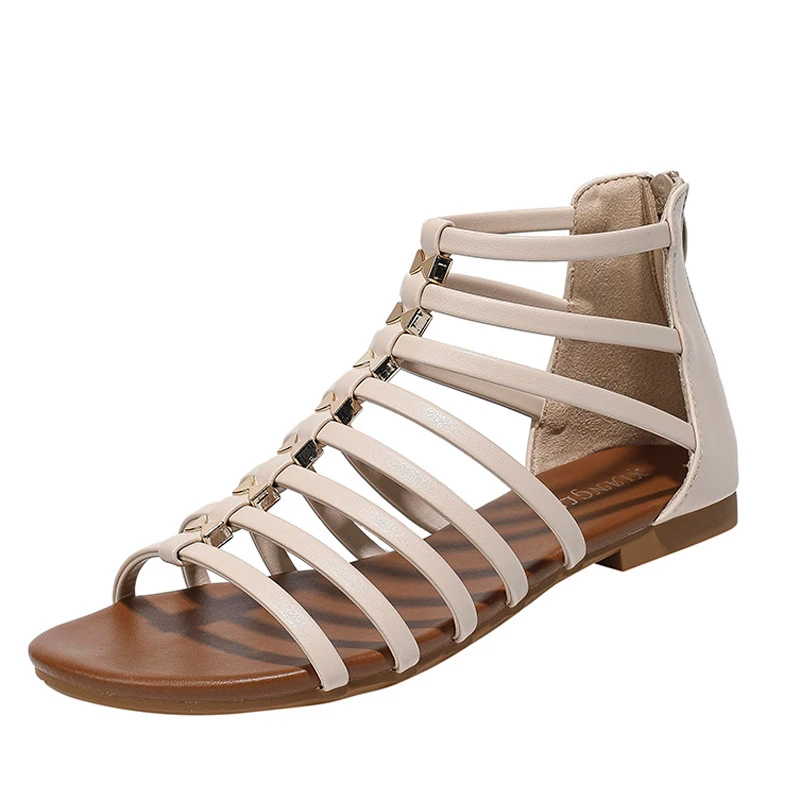 

Women's simple summer beach vacation sandals, new vintage flat back-zipper ethnic bohemian Roman shoes