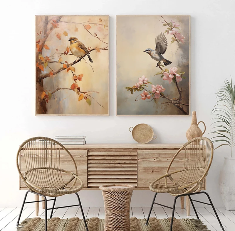 Vintage Three Flying Swallows Perched Finch on Autumn Tree Poster Canvas Painting Print Wall Art Picture Living Room Home Decor