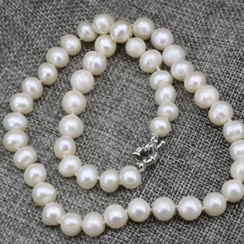 New natural white freshwater cultured pearl 9-10mm nearround beads necklace chain for women elegant choker jewelry 18inch B3236