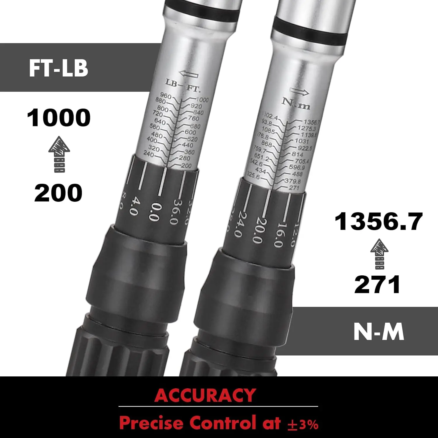 Dual-escala ajustável Torque Wrench Set com chave hexagonal, Drive Click, 1"