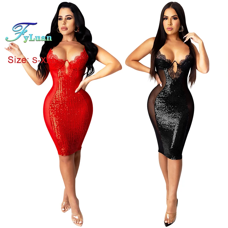 FyLuan New Listing Deep V Neck Women Dress Party Temperament Mesh Diamonds Sleeveless Cutout Bodycon Sexy Party Banquet Dresses