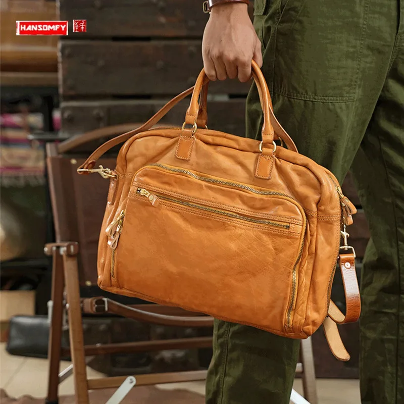 Maletines de cuero genuino de lujo para hombre, bolso para portátil de 14-15,6 pulgadas, bolsos de hombro cruzados, bolsos para archivos de ordenador portátil, 2024