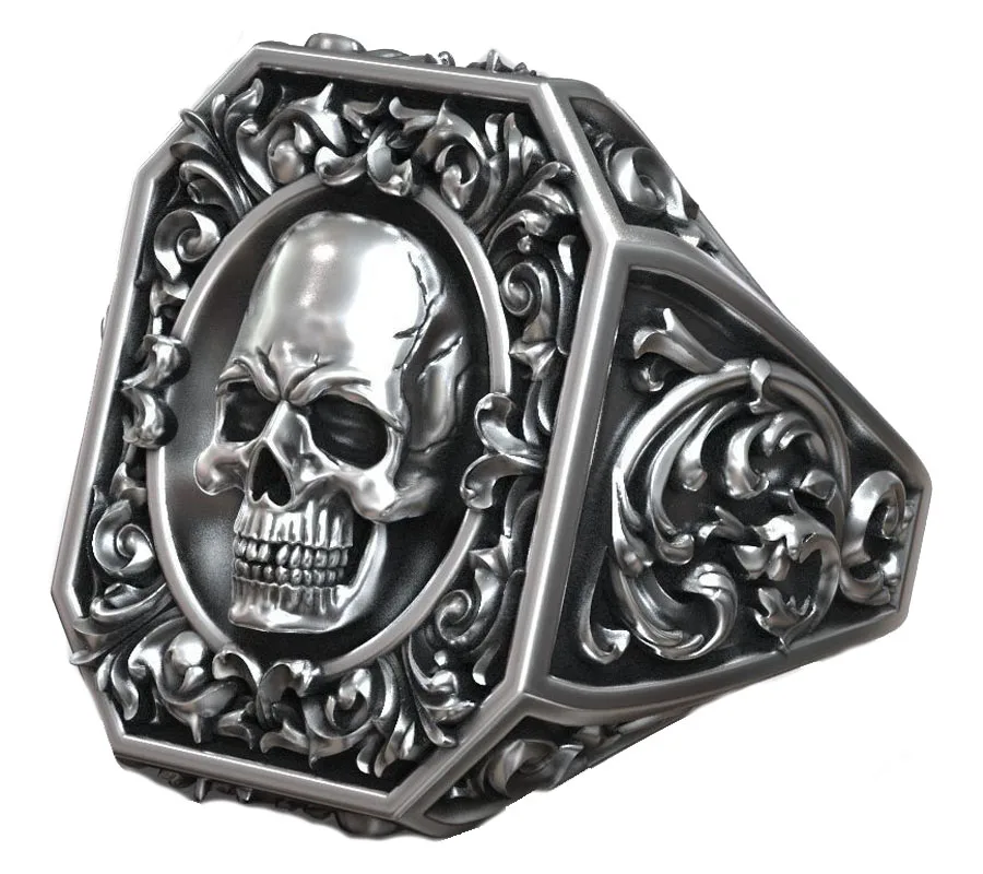 

18g Royal Vintage Skull Rococo Pattern Signet Mens Rings Customized 925 Solid Sterling Silver Ring Many Sizes 6-13