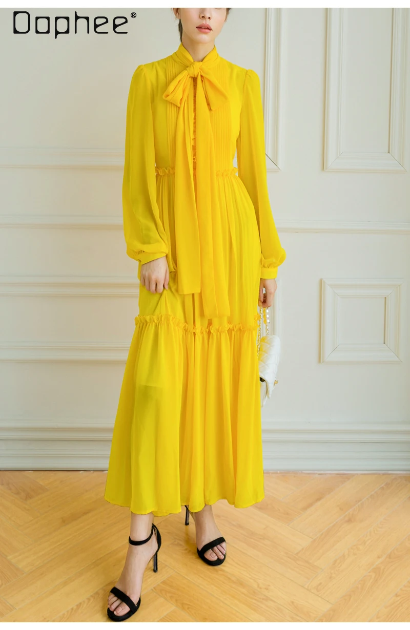 فستان أصفر فاخر فاتح راقي للنساء على طراز خرافي أنيق بأكمام طويلة وقصة ضيقة فستان متوسط الطول فساتين سهرة اجتماعية #1