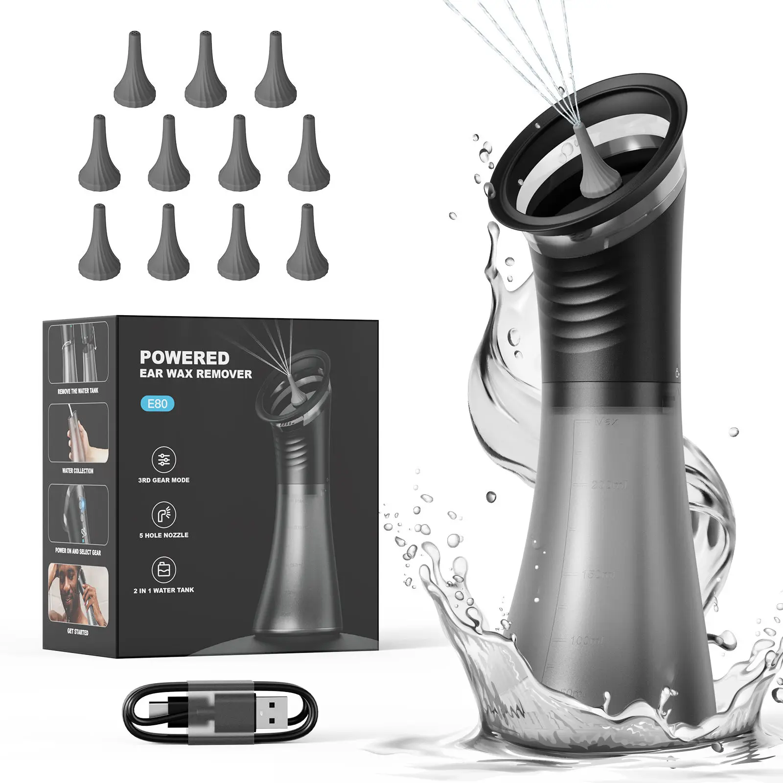 

Electric Ear Wax Removal System Water Powered Ear Cleaning Tool with Irrigation Flusher 3 Pressure Settings Safe & Effective