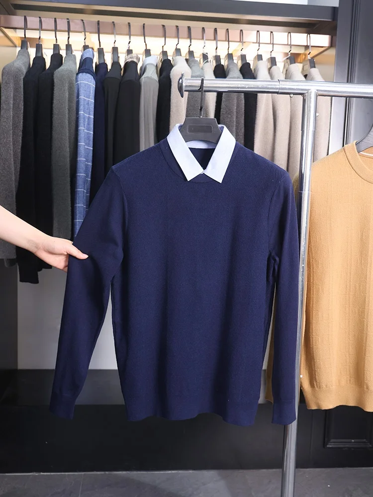 

Мужской вязаный топ свободного кроя с имитацией двойки, с воротником-рубашкой, весна-осень, базовый, для многослойных образов, с длинным рукавом, молодежный, повседневный стиль