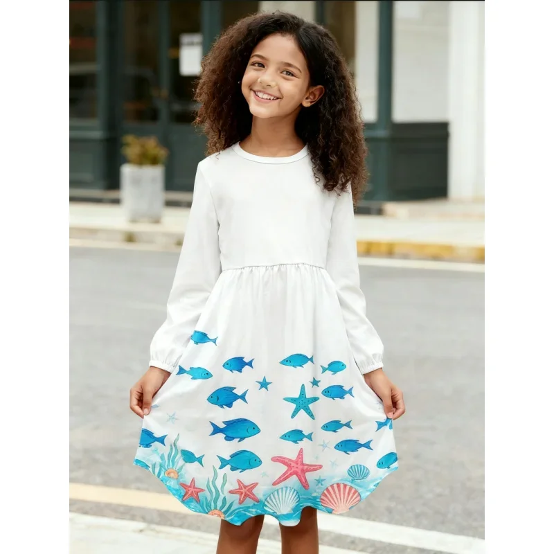 

2025 Girls' Long Sleeve Dress Fun Art Girl Fashion Midi Skirt