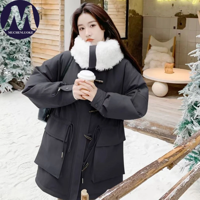 سترة شتوية نسائية أنيقة بأكمام طويلة وياقة من الفرو ودفء سميك على الموضة الكورية معطف سترة فضفاض واسع وطية صدر السترة #4